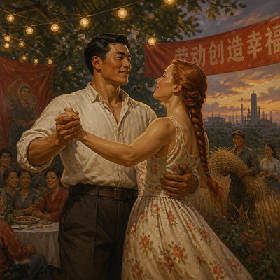 an original couple dancing under string lights in a garden at dusk: a man with short black hair in a linen shirt and a woman with braided red hair in a summer dress