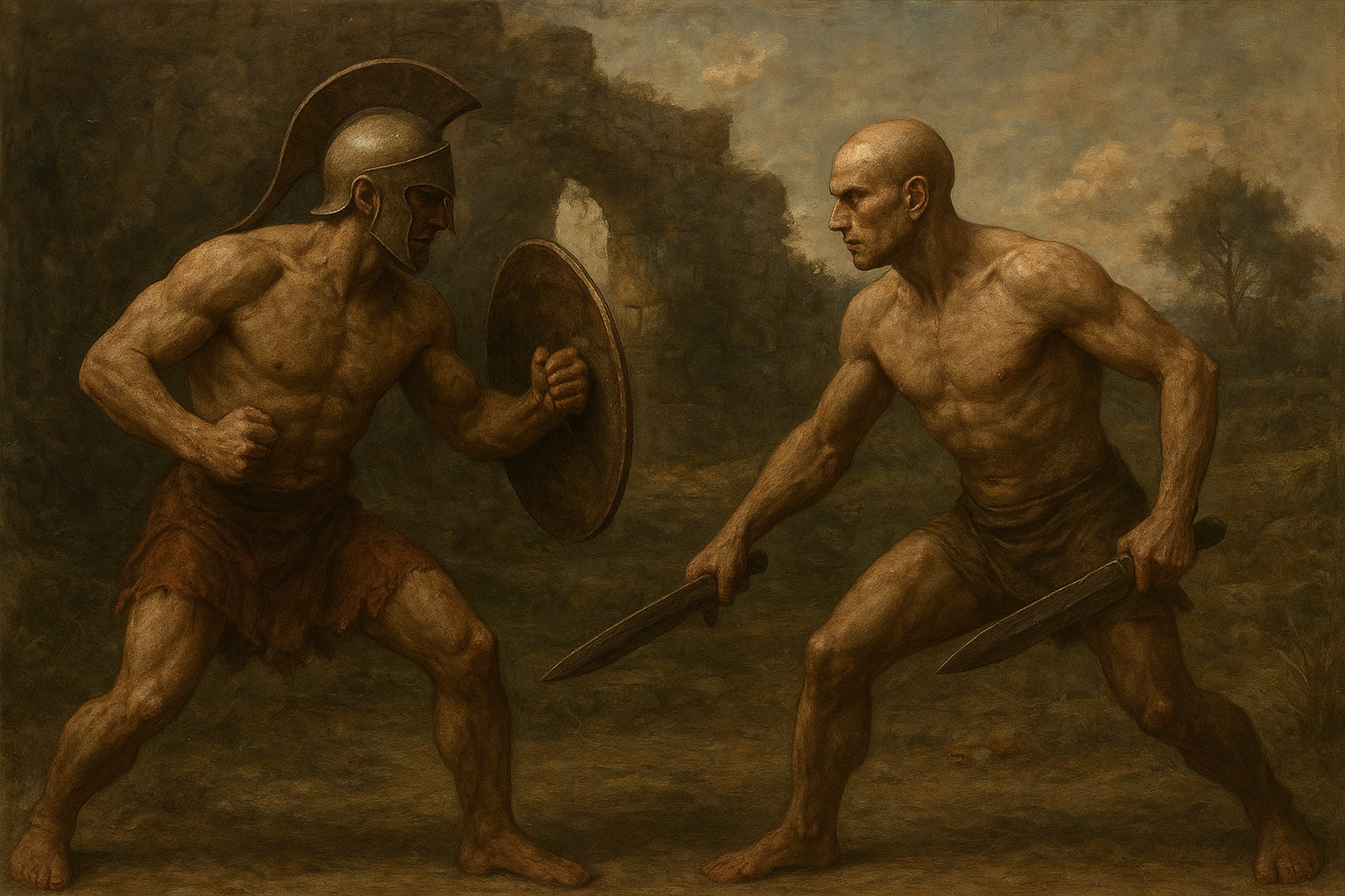 a painting of two men fighting each other