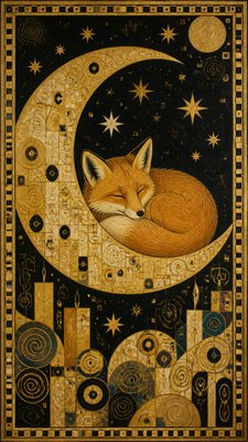 a sleeping baby fox curled on a crescent moon among soft stars, gentle and warm, no text