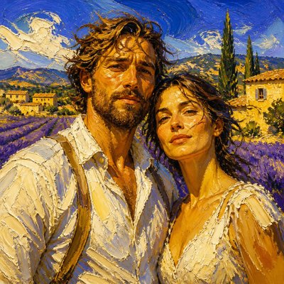 portrait of two people together — Provence Light Art Style
