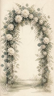 an arch of white roses and eucalyptus in soft morning light, elegant vertical composition with open space, no text