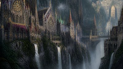 a cliffside city with waterfalls cascading into a misty canyon, wide establishing shot, no people, no text