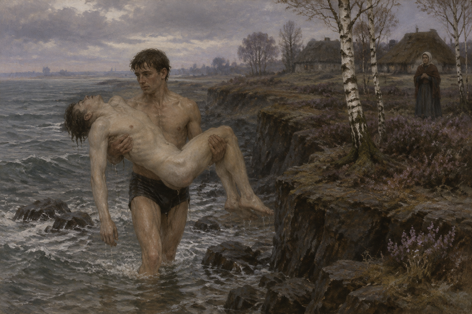 a male swimmer carries an ignudi athlete who fell from a ledge by the sea