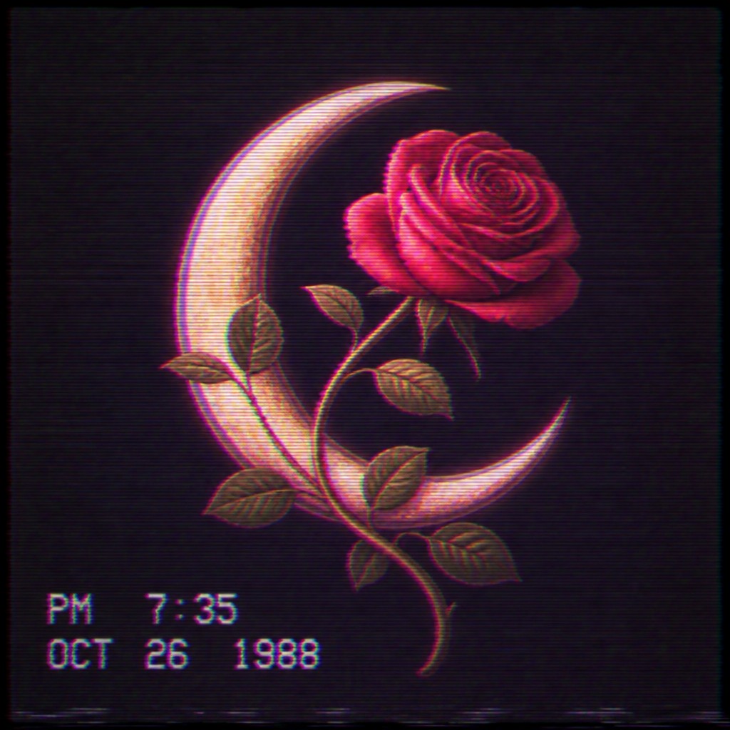 a rose entwined with a crescent moon, clean balanced composition on a plain background, no text