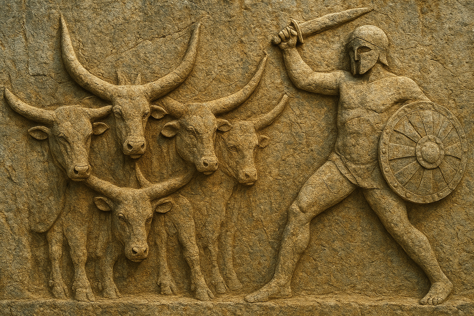 a statue of a man holding a shield and two bulls