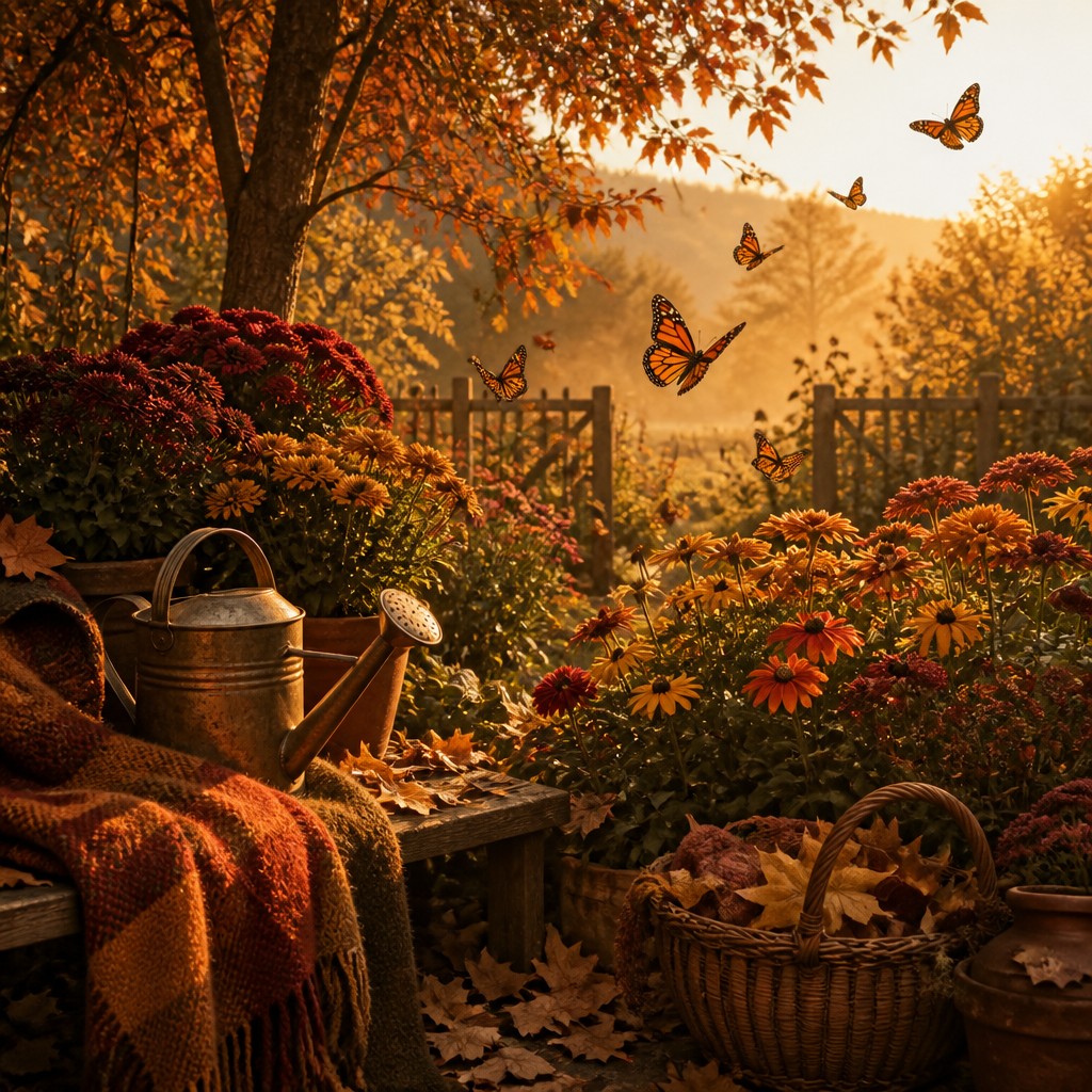 a garden scene with butterflies, flowers and a watering can, clean uncolored line art, no text