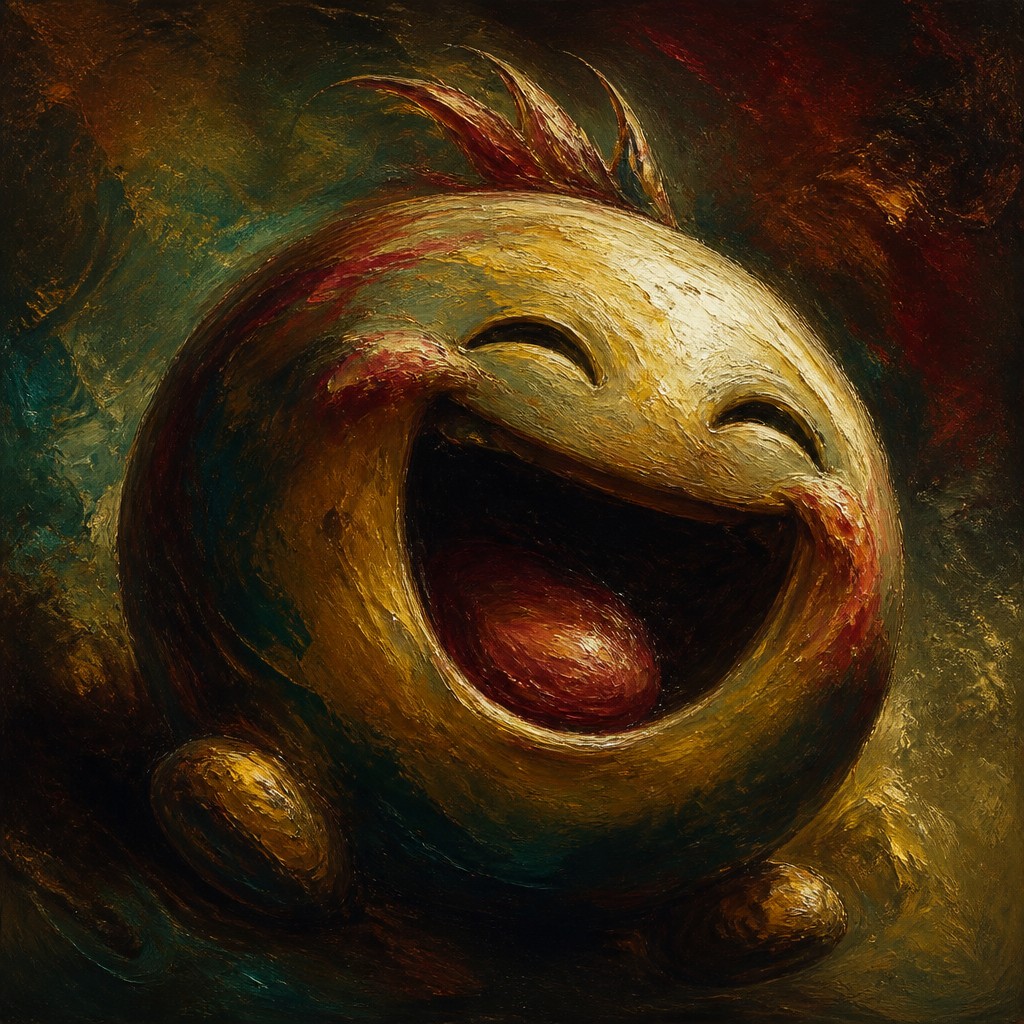 an exaggerated laughing face of an original round mascot character, bold and readable at small size, plain background, no text