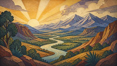 a vast valley with a river winding toward distant mountains at sunrise, no people, no text