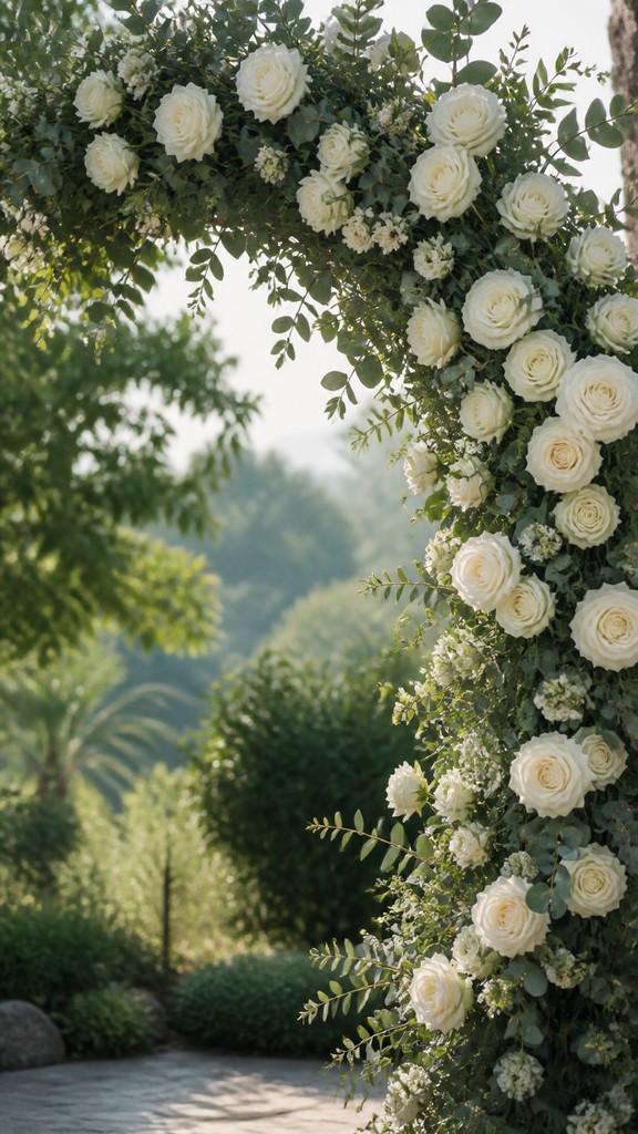 an arch of white roses and eucalyptus in soft morning light, elegant vertical composition with open space, no text