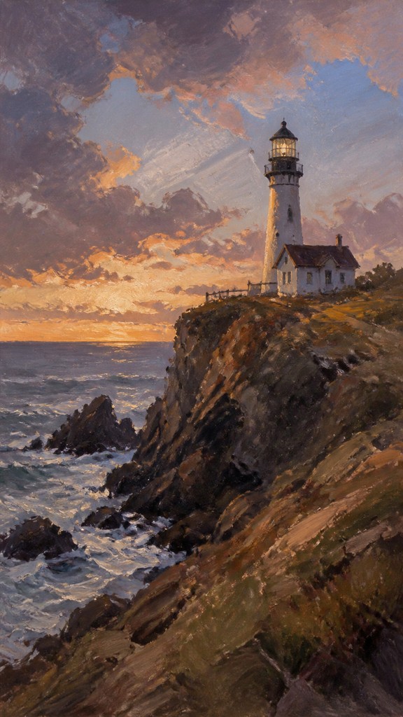 a lone lighthouse on a cliff at dusk under a dramatic sky, no text or lettering