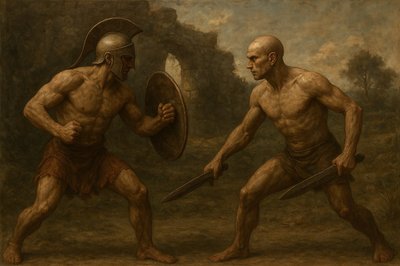 a painting of two men fighting each other
