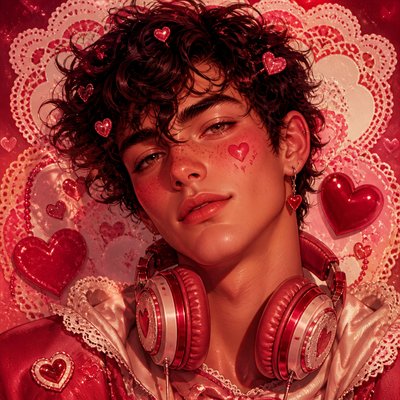 head-and-shoulders portrait of an original character: a young man with curly dark hair and headphones around his neck, plain backdrop, no text