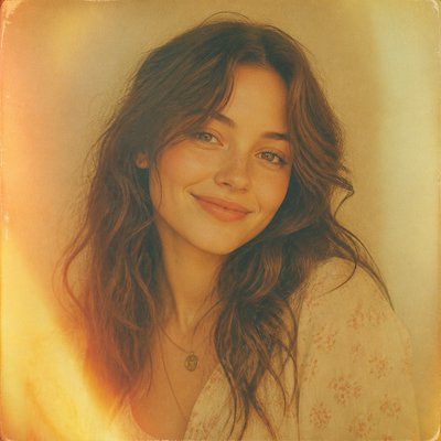 head-and-shoulders portrait of an original character: a young woman with wavy chestnut hair and a warm smile, plain soft backdrop