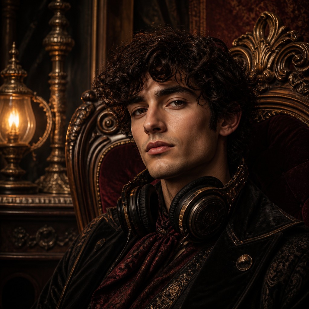 head-and-shoulders portrait of an original character: a young man with curly dark hair and headphones around his neck, plain backdrop, no text