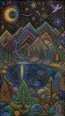 a tranquil mountain lake beneath a starry night sky, no people, no text