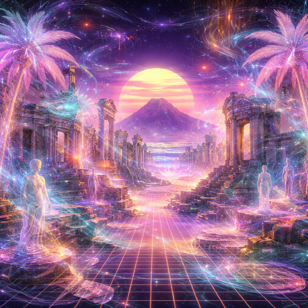 Surreal vaporwave landscape at sunset, ancient Pompeo from checkered grid floor, neon palm trees glowing pink and teal, VHS glitch effects, retro 90s aesthetic, dreamy nostalgic atmosphere, high detail