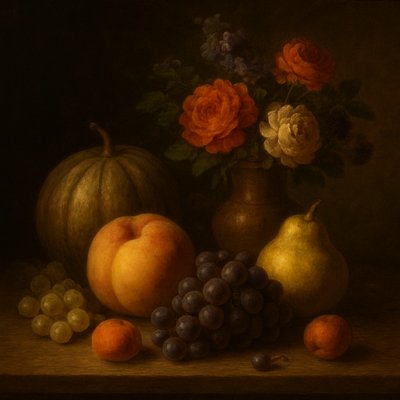 still life arrangement of fruits and flowers