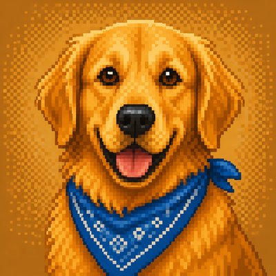 portrait of a golden retriever wearing a blue bandana, warm plain backdrop, no text