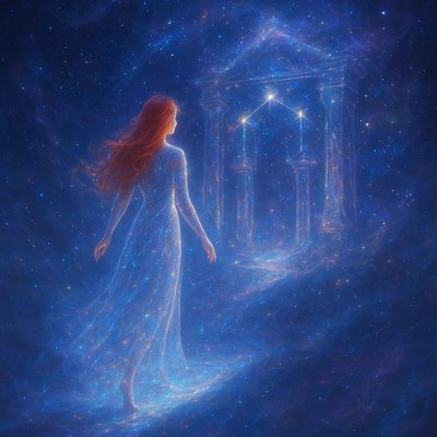 An ethereal and surreal depiction of a figure in a deep dream state, gracefully walking into the heart of the Mountain House constellation, also known as Libra. The figure is a lady with long, flowing red hair, shimmering full length dress radiating star light, suggesting her dream presence. She is stepping off a softly glowing, dream-like pathway or ethereal bridge that extends from a misty, dreamscape foreground into the vastness of space.

    The Mountain House (Libra) constellation is not just stars but appears as a majestic, floating celestial architecture – perhaps as ancient, star-dusted pillars, glowing celestial doorways forming a 'mountain house' structure, built from nebulae and starlight. Within this constellation, gentle cosmic dust, shimmering gas clouds, and distant galaxies are visible, creating a sense of infinite depth.

    The dominant colors are soft blues, purples, and deep indigos of space, interwoven with golden and silver light emanating from the stars and the lady's luminous form and radiant red hair. There's a profound sense of peace, wonder, and weightlessness. The atmosphere is serene and magical, conveying the feeling of transcending physical reality and entering a realm of cosmic balance and ancient wisdom. The artistic style is highly fantastical and painterly, with a focus on glowing effects, subtle transparency, and a dreamlike composition.