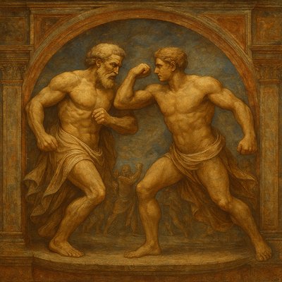 a painting of two men fighting each other