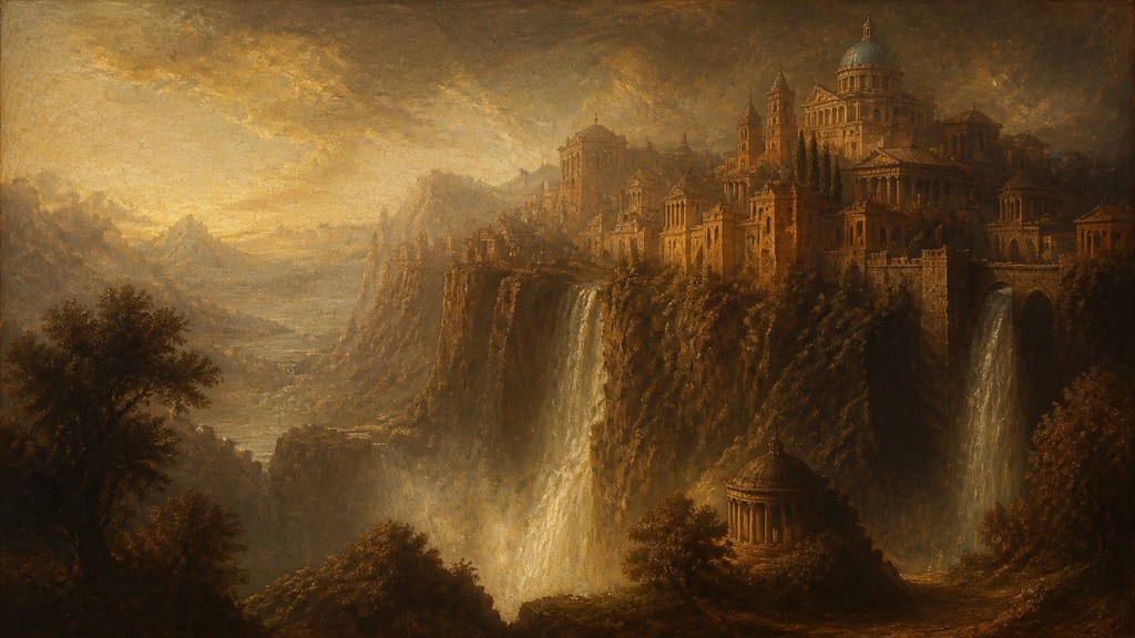 a cliffside city with waterfalls cascading into a misty canyon, wide establishing shot, no people, no text