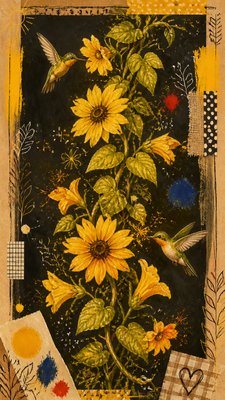 a climbing vine of flowers and hummingbirds on a dark background, tall wrapping composition, no text