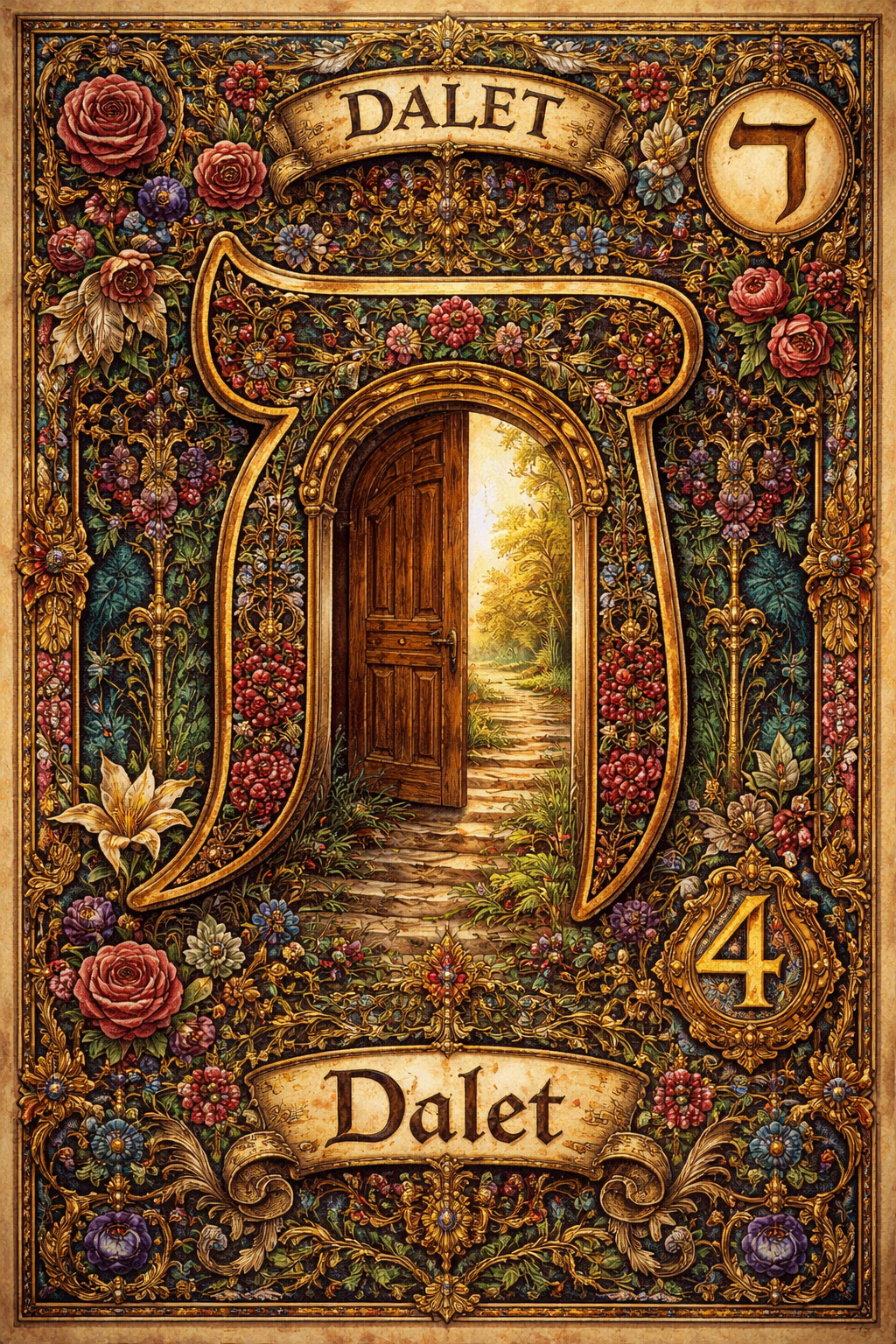 A picture of the Hebrew letter Dalet including in the design a picture of a door and the modern Hebrew Dalet symbol (ד), the number 4 and the name of the letter "Dalet" . With no other number or letter symbols included