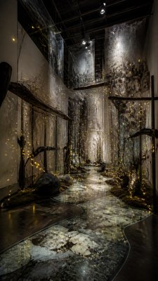 a mysterious forest path with fireflies and drifting mist, atmospheric vertical composition with open space at the top, no text