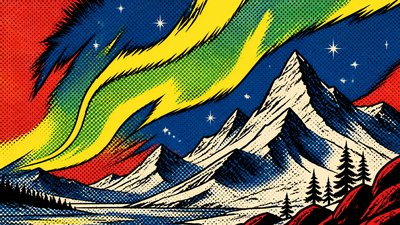 a flowing aurora over snowy peaks, wide sweeping composition, no people, no text