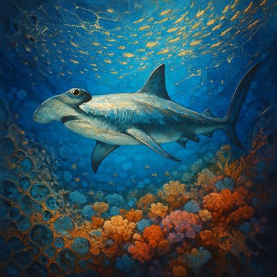 Hyper-realistic hammerhead shark over a vibrant coral reef floor, countless schools of tropical fish swirling overhead in crystal-clear turquoise waters, leaving a shimmering trail of glittering sparkles where they go, extreme detail, photorealistic, cinematic lighting, 