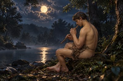 a painting of a man sitting on a rock playing a flute