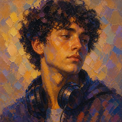 head-and-shoulders portrait of an original character: a young man with curly dark hair and headphones around his neck, plain backdrop, no text