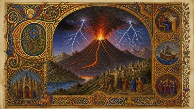 an erupting volcano with lightning strikes, dramatic wide composition, no text