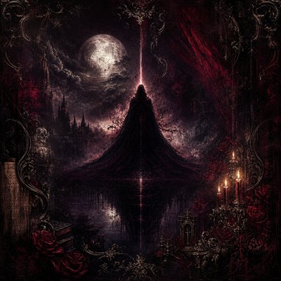 a painting of a dark castle surrounded by candles