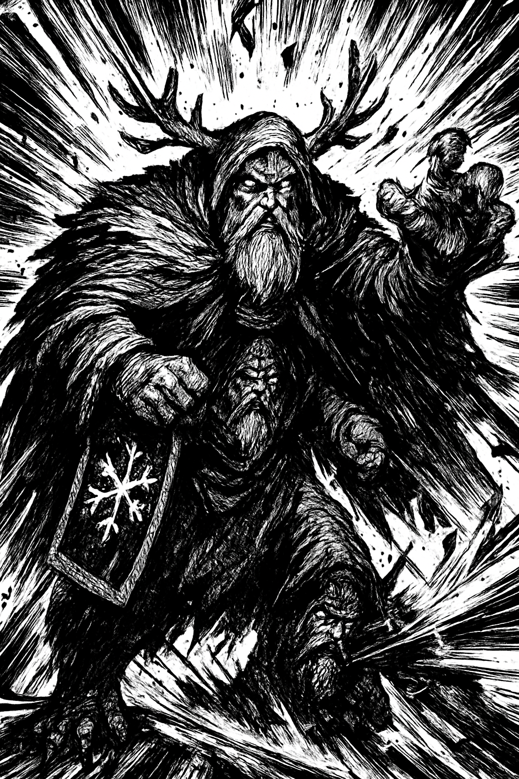 a drawing of a man with horns and a beard