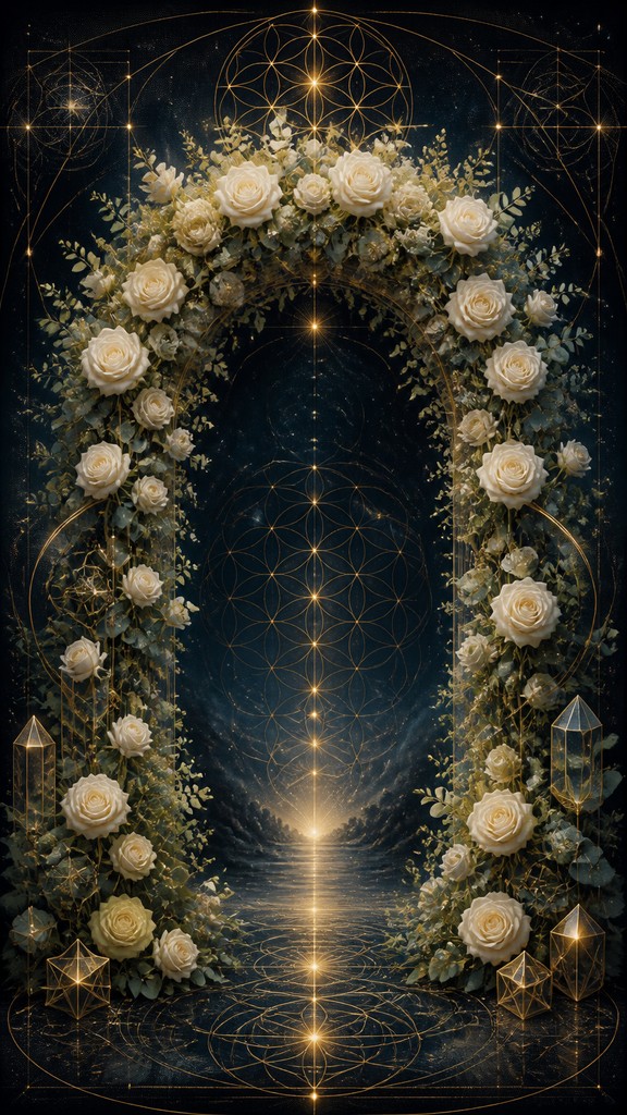 an arch of white roses and eucalyptus in soft morning light, elegant vertical composition with open space, no text