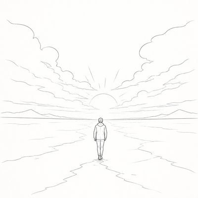 a solitary figure walking toward a glowing horizon across an empty plain, moody atmosphere, no text or lettering