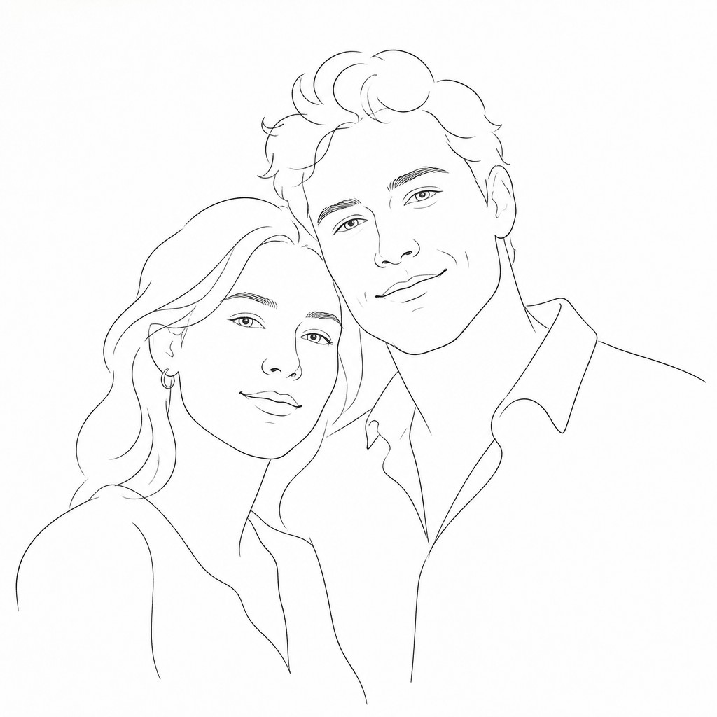 portrait of two people together — Contour Line Drawing Style