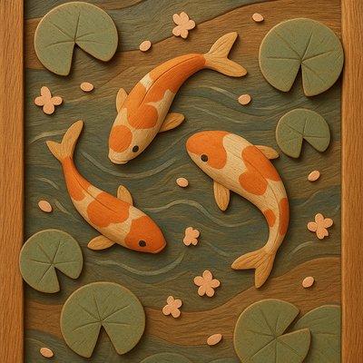 A koi pond seen from above, orange and white koi fish swimming among lily pads, clear water with subtle ripples, fallen cherry blossom petals floating on the surface, dappled sunlight