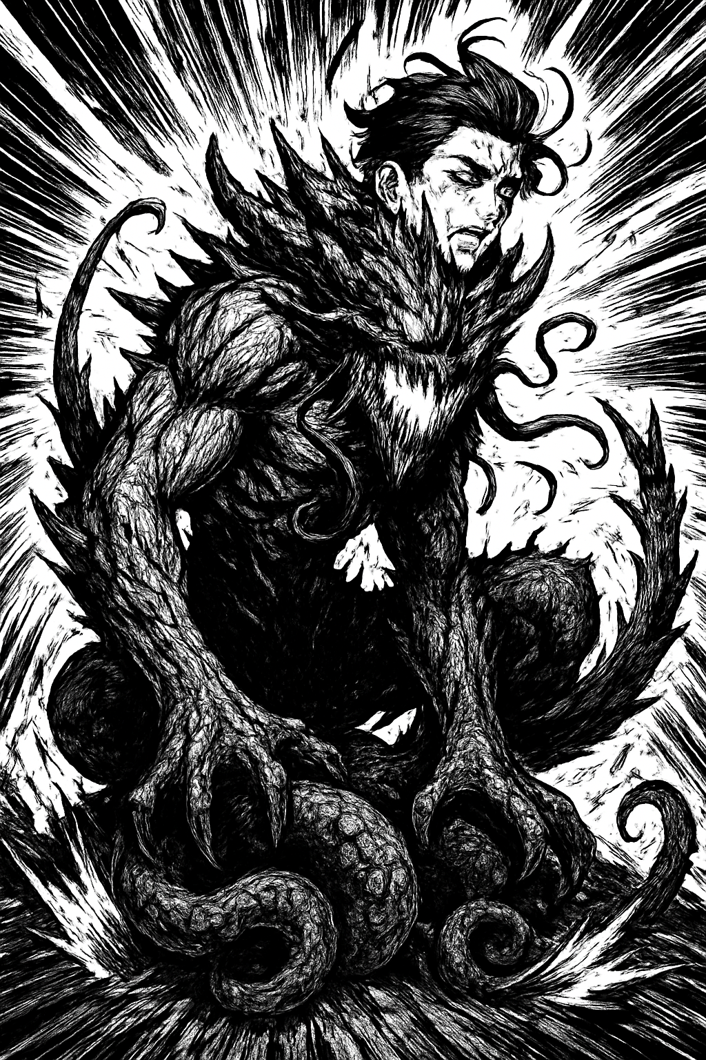 a drawing of a man with a giant green monster like head