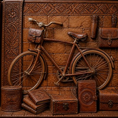 bicyle resting against a wall — Leather Art Style