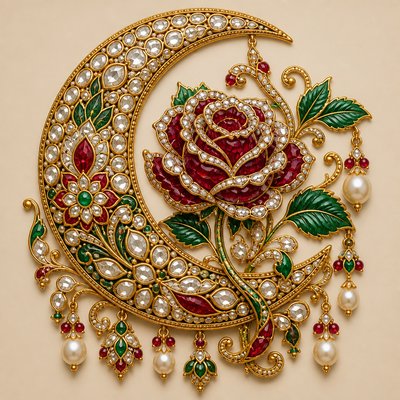 a rose entwined with a crescent moon, clean balanced composition on a plain background, no text