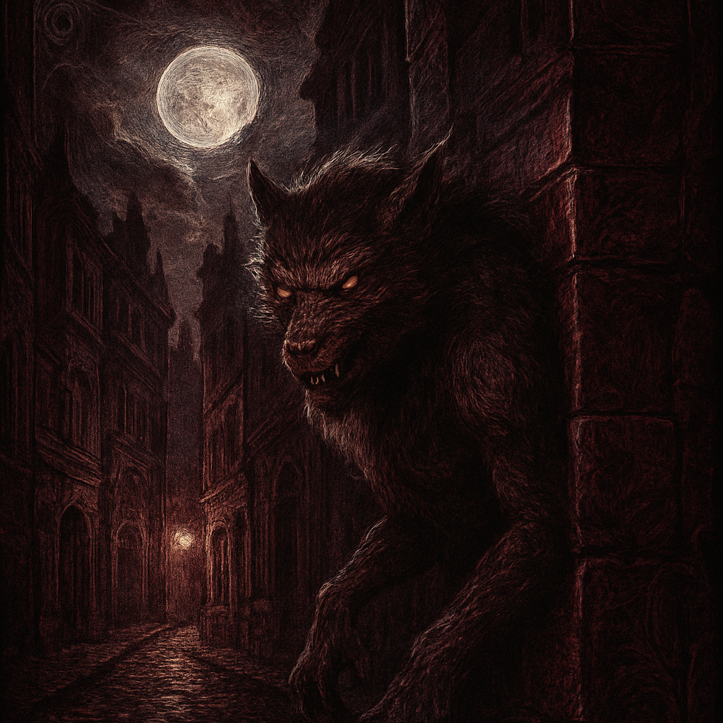 A dramatic black-and-white engraving in the style of Gustave Doré, depicting a menacing werewolf lurking in the shadows of an old European city street at night. The creature hides behind a stone building corner, partially illuminated by cold moonlight that casts deep, dramatic shadows. The scene evokes the ominous mood of a wanted poster but includes no text or framing. Render with intricate linework, fine etching details, high contrast, and rich textures reminiscent of 19th-century woodcut engravings.