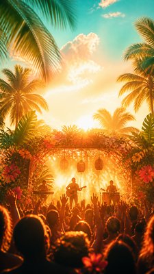 a live music scene with a glowing stage and silhouetted crowd, energetic vertical composition with open space at the top, no text