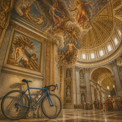 bicyle resting against a wall — Vatican Art Style
