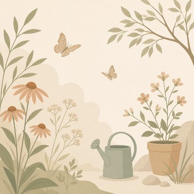 a garden scene with butterflies, flowers and a watering can, clean uncolored line art, no text
