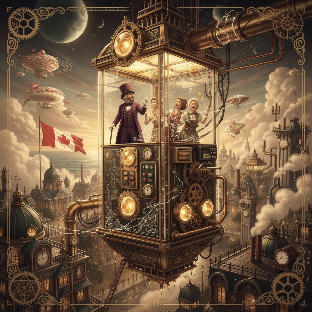 An awe-inspiring and whimsical scene featuring Willy Wonka's Great Glass Wonkavator, soaring through the sky and beyond the confines of Ontario Canada and its flag. The Wonkavator itself is a magnificent, multi-directional glass elevator, transparent and sparkling, with Willy Wonka (wearing his iconic top hat, purple coat, and bowtie) and 2 Canadian ladies looking out with expressions of joy, wonder and excitement. The interior is filled with intricate buttons and levers for controlling its magical flight. The Wonkavator is depicted in mid-flight, ascending above the clouds flying out to the ocean. Below it, the fantastical landscape of Ontario Canada is visible with a large Canadian flay flying over the city. – and various whimsical buildings. Beyond Ontario, a stunning, imaginative sky unfolds, perhaps with floating candy clouds, distant fantastical landmarks, or even glimpses of outer space and planets. The lighting is bright and magical, emphasizing the glass's transparency and the vibrant colors of the world below and beyond. The overall mood is one of boundless adventure, limitless possibilities, and pure, joyful fantasy."