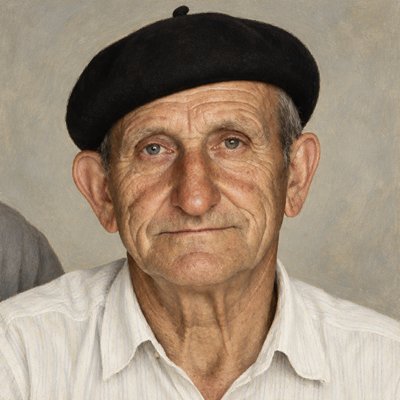 an old man with a black hat on his head