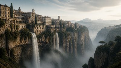 a cliffside city with waterfalls cascading into a misty canyon, wide establishing shot, no people, no text