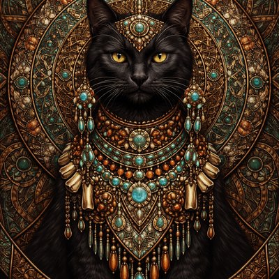 A beautiful black cat decked with jewelry! 